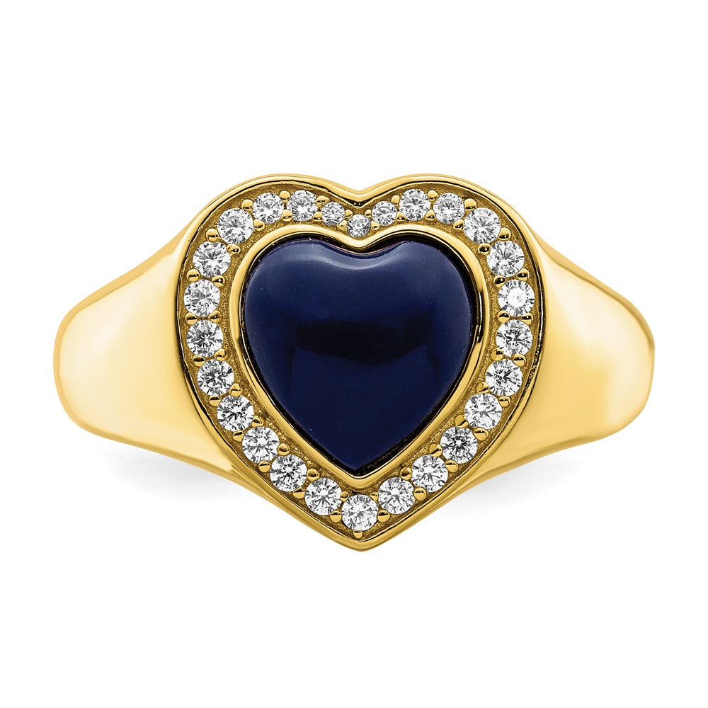 Sterling Silver Gold Tone Cz & Created Lapis Lazuli Heart Ring