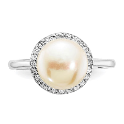Sterling Silver Rhodium Plated 9 10mm Button White Freshwater Cultured Pearl And Cz Ring