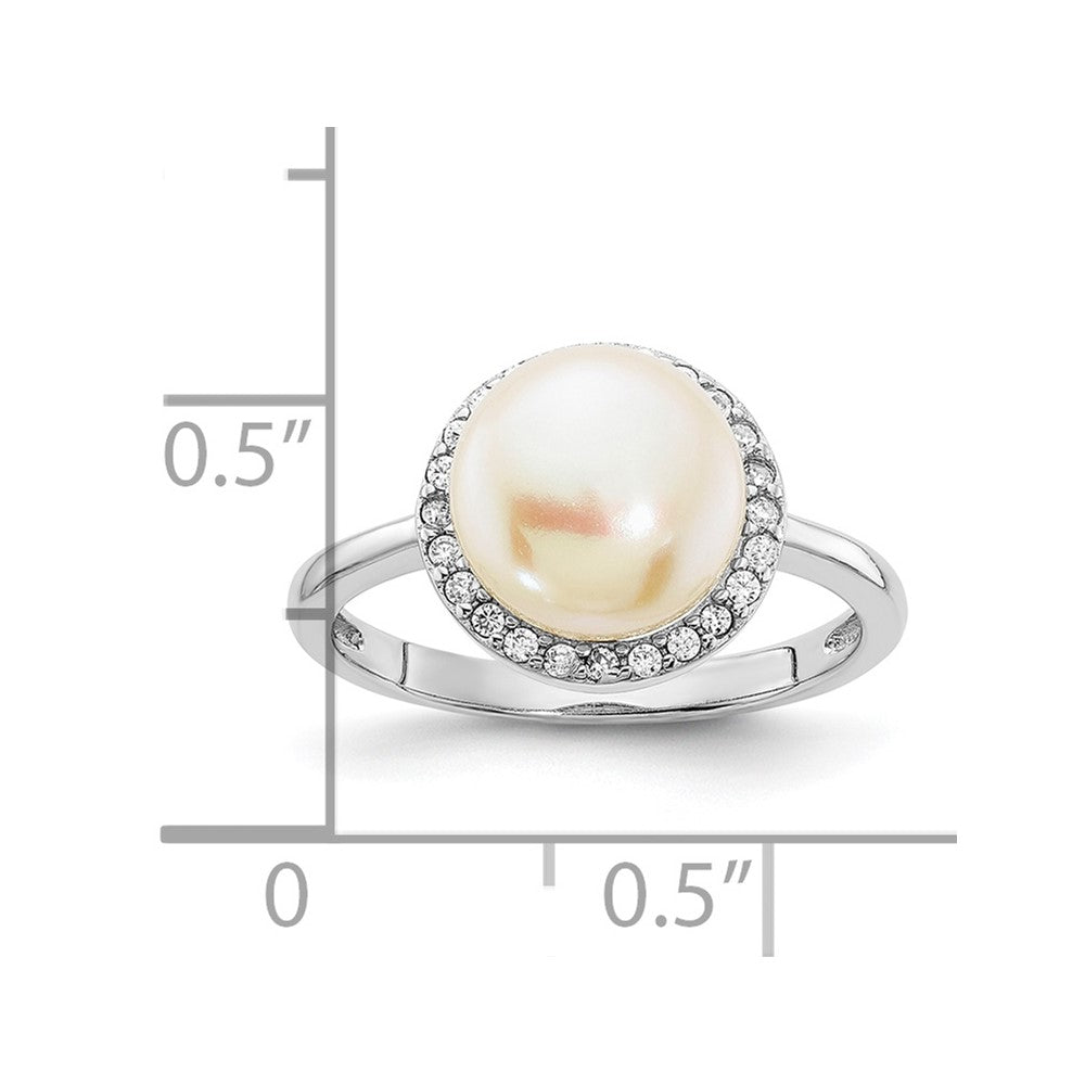 Sterling Silver Rhodium Plated 9 10mm Button White Freshwater Cultured Pearl And Cz Ring
