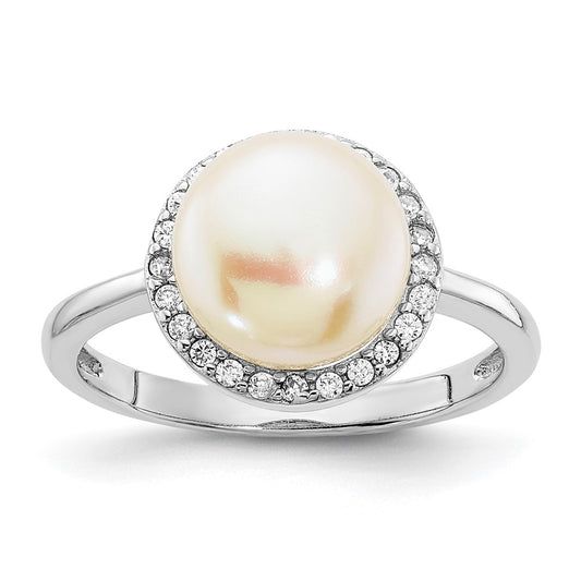 Sterling Silver Rhodium Plated 9 10mm Button White Freshwater Cultured Pearl And Cz Ring