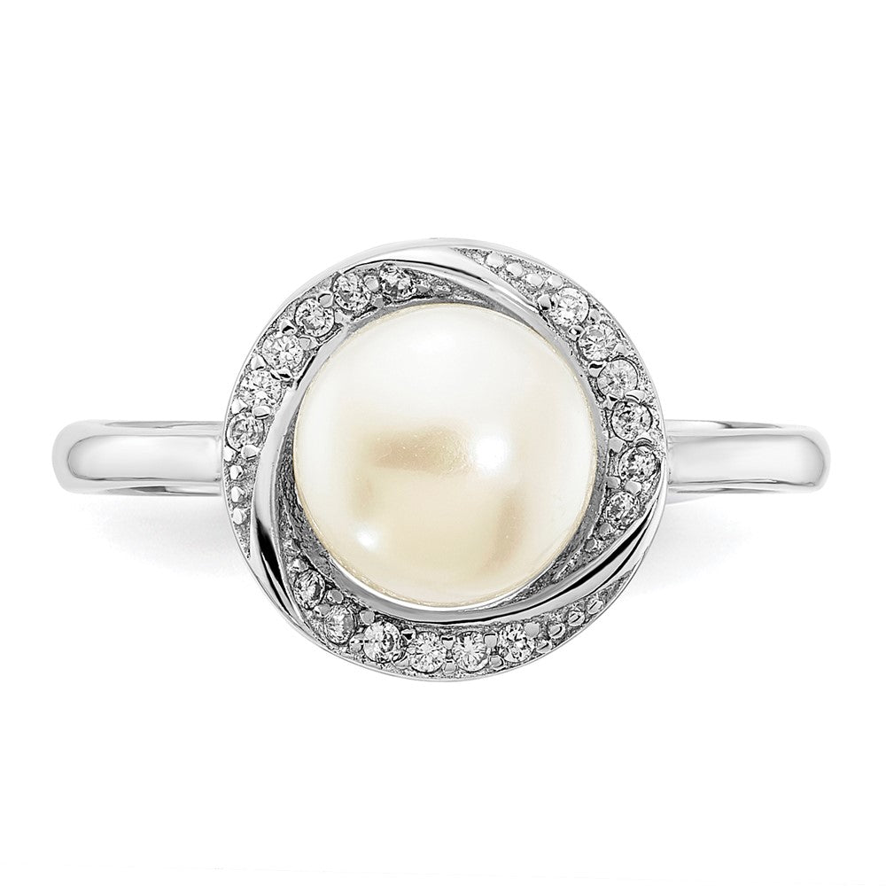 Sterling Silver Rhodium Plated 7 8mm Button White Freshwater Cultured Pearl And Cz Ring