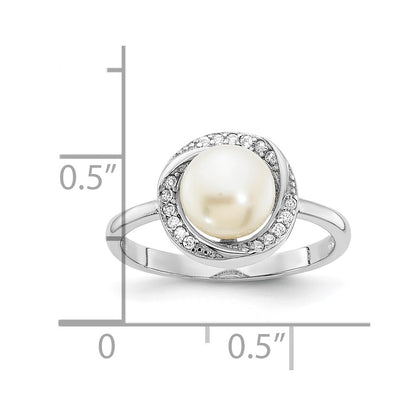 Sterling Silver Rhodium Plated 7 8mm Button White Freshwater Cultured Pearl And Cz Ring