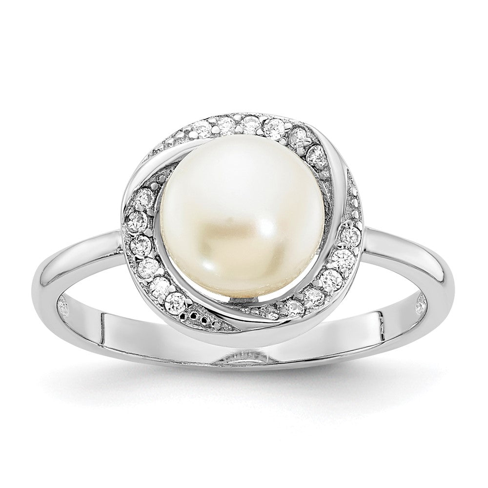 Sterling Silver Rhodium Plated 7 8mm Button White Freshwater Cultured Pearl And Cz Ring