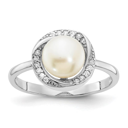 Sterling Silver Rhodium Plated 7 8mm Button White Freshwater Cultured Pearl And Cz Ring