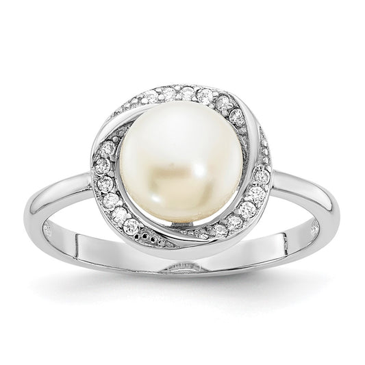Sterling Silver Rhodium Plated 7 8mm Button White Freshwater Cultured Pearl And Cz Ring