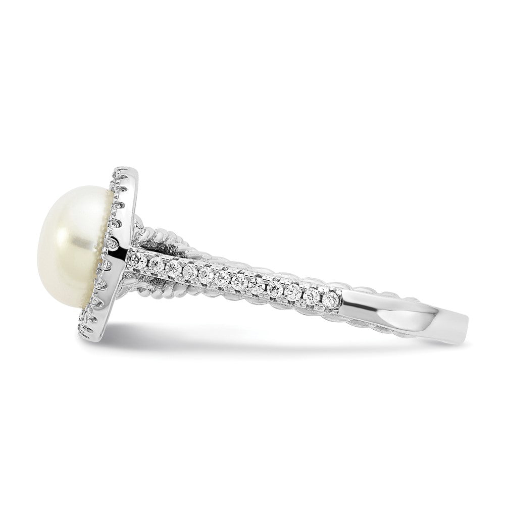 Sterling Silver Rhodium Plated 7 8mm Button White Freshwater Cultured Pearl And Cz Ring