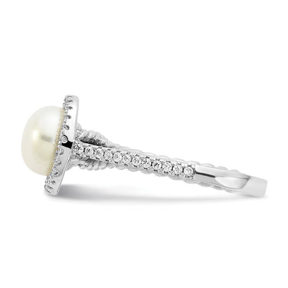 Sterling Silver Rhodium Plated 7 8mm Button White Freshwater Cultured Pearl And Cz Ring
