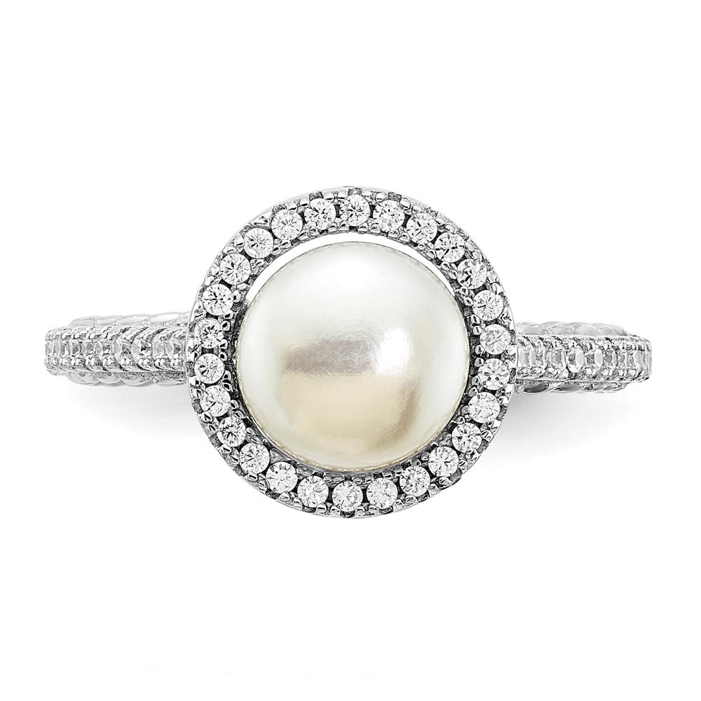 Sterling Silver Rhodium Plated 7 8mm Button White Freshwater Cultured Pearl And Cz Ring