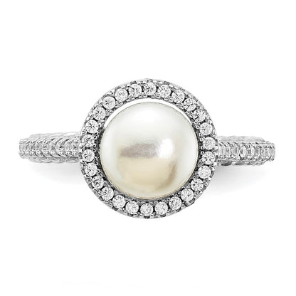 Sterling Silver Rhodium Plated 7 8mm Button White Freshwater Cultured Pearl And Cz Ring