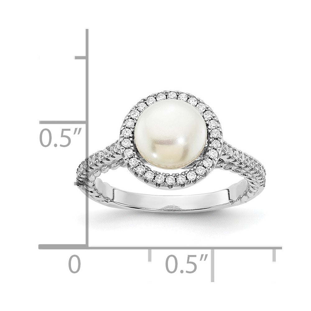 Sterling Silver Rhodium Plated 7 8mm Button White Freshwater Cultured Pearl And Cz Ring