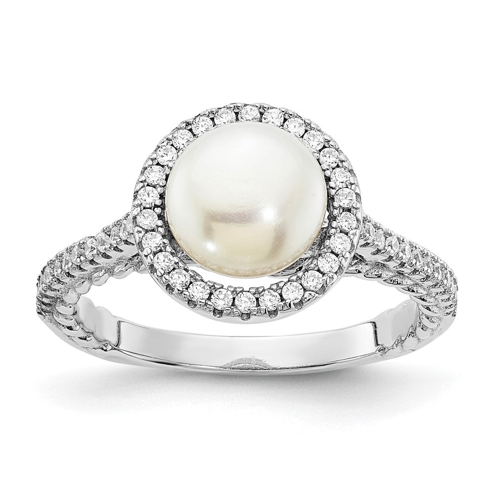 Sterling Silver Rhodium Plated 7 8mm Button White Freshwater Cultured Pearl And Cz Ring