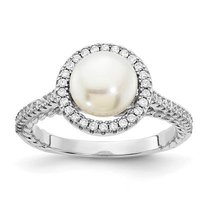Sterling Silver Rhodium Plated 7 8mm Button White Freshwater Cultured Pearl And Cz Ring