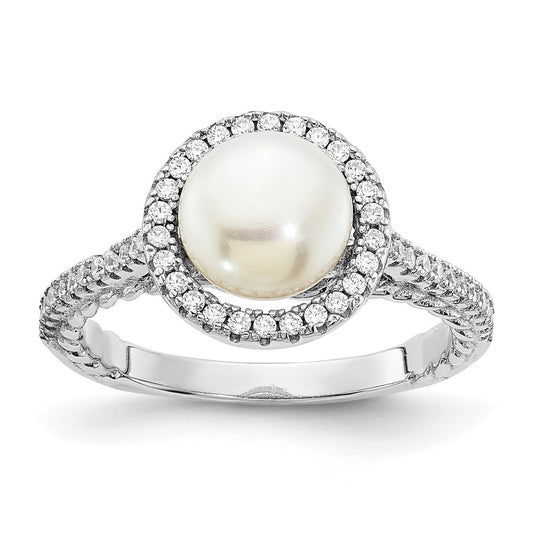 Sterling Silver Rhodium Plated 7 8mm Button White Freshwater Cultured Pearl And Cz Ring