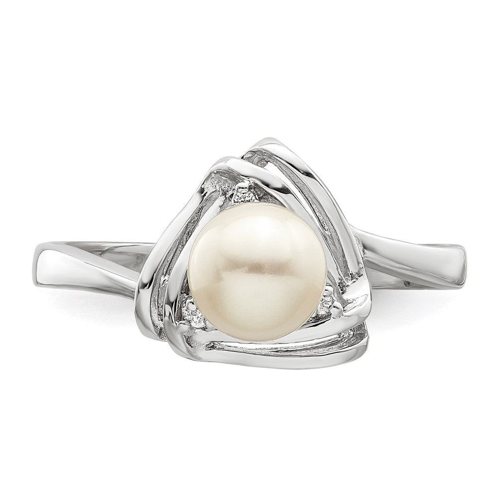 Sterling Silver Rhodium Plated Fwc Pearl And Cz Triangle Ring