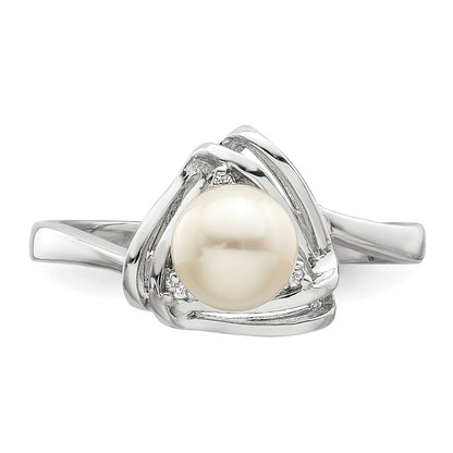 Sterling Silver Rhodium Plated Fwc Pearl And Cz Triangle Ring