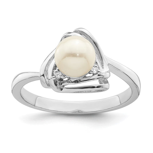 Sterling Silver Rhodium Plated Fwc Pearl And Cz Triangle Ring
