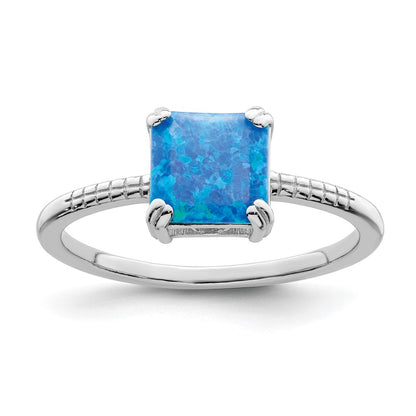 Sterling Silver Rhodium Plated Polished Square Blue Created Opal Ring