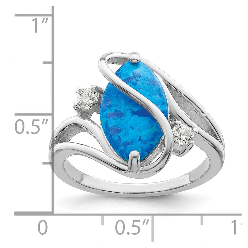 Sterling Silver Rhodium Plated Polished Blue Created Opal & Cz Twist Ring