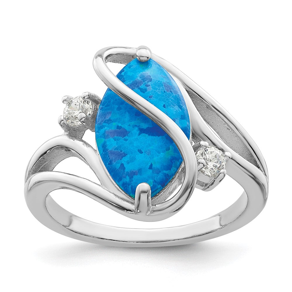 Sterling Silver Rhodium Plated Polished Blue Created Opal & Cz Twist Ring