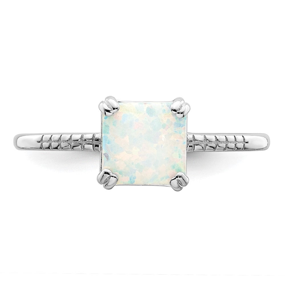 Sterling Silver Rhodium Plated Polished Square White Created Opal Ring