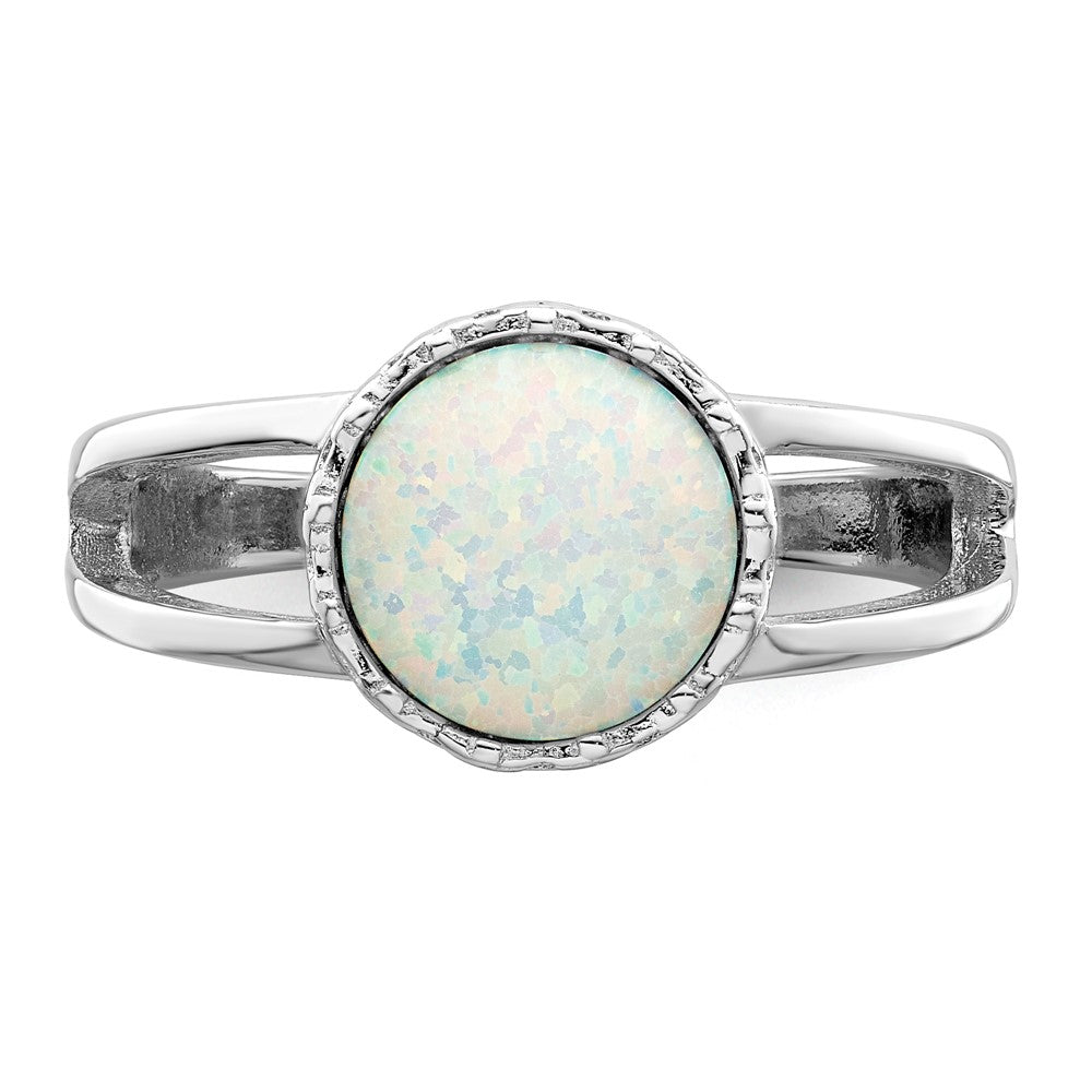 Sterling Silver Rhodium Plated Round White Created Opal Inlay Ring