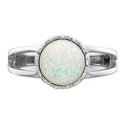 Sterling Silver Rhodium Plated Round White Created Opal Inlay Ring
