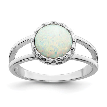 Sterling Silver Rhodium Plated Round White Created Opal Inlay Ring