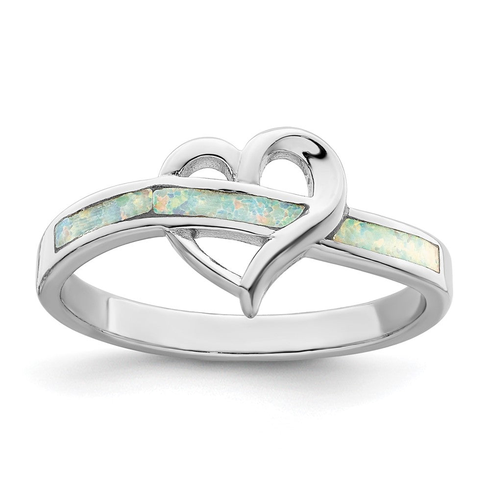 Sterling Silver Rhodium Plated White Created Opal Inlay Heart Ring
