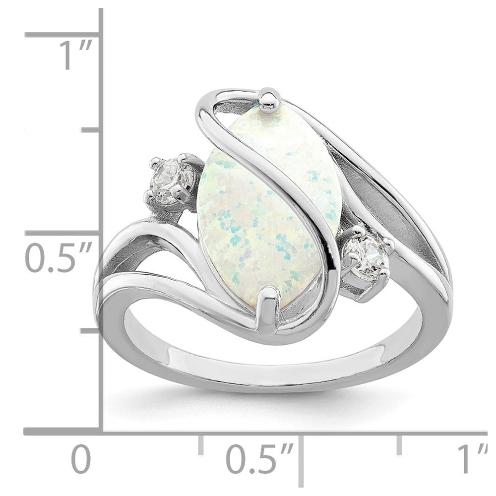 Sterling Silver Rhodium Plated White Created Opal & Cz Twist Ring