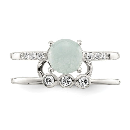 Sterling Silver Polished Cz And Light Blue Quartzite Double Ring