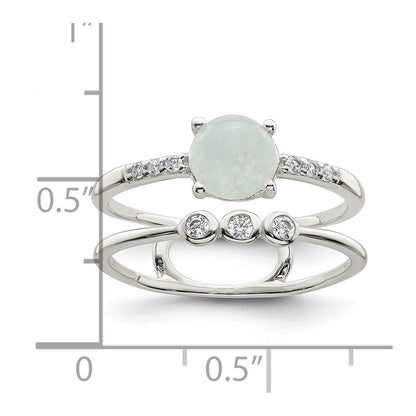 Sterling Silver Polished Cz And Light Blue Quartzite Double Ring