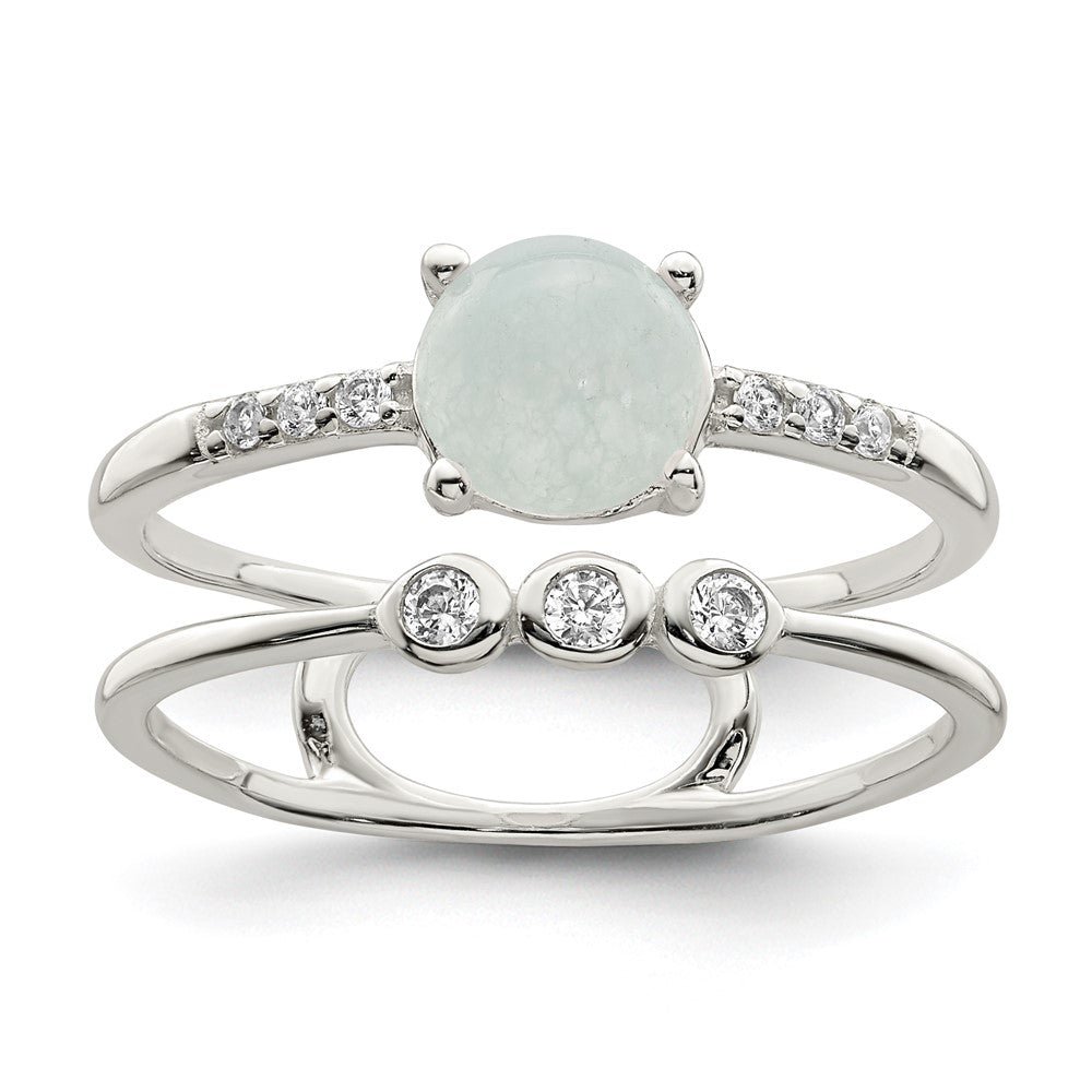 Sterling Silver Polished Cz And Light Blue Quartzite Double Ring