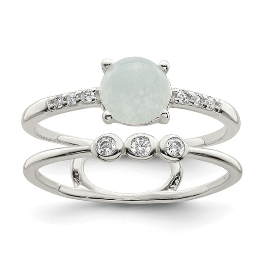 Sterling Silver Polished Cz And Light Blue Quartzite Double Ring