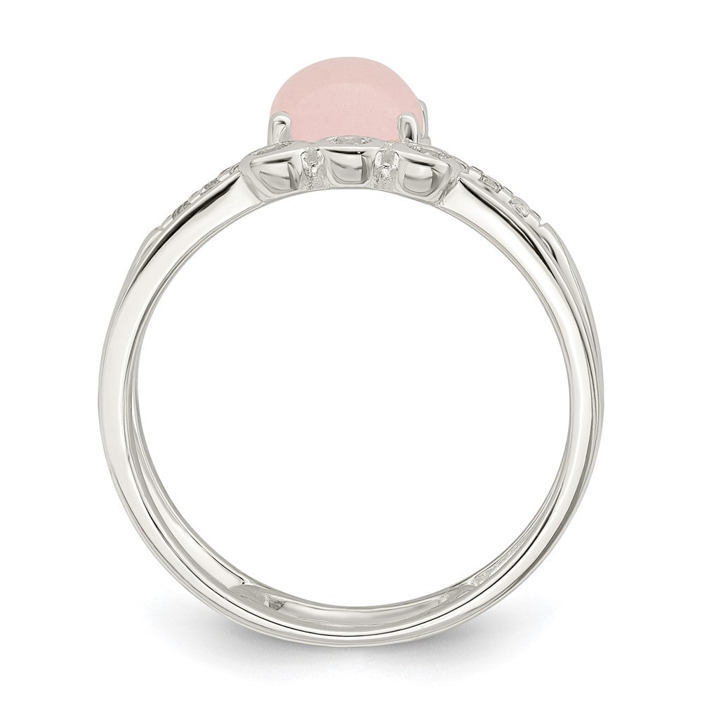 Sterling Silver Polished Cz And Pink Quartzite Double Ring