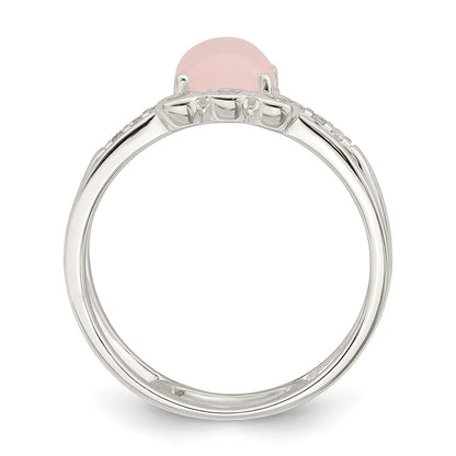 Sterling Silver Polished Cz And Pink Quartzite Double Ring