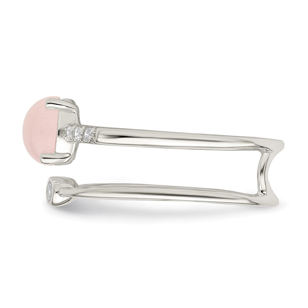 Sterling Silver Polished Cz And Pink Quartzite Double Ring