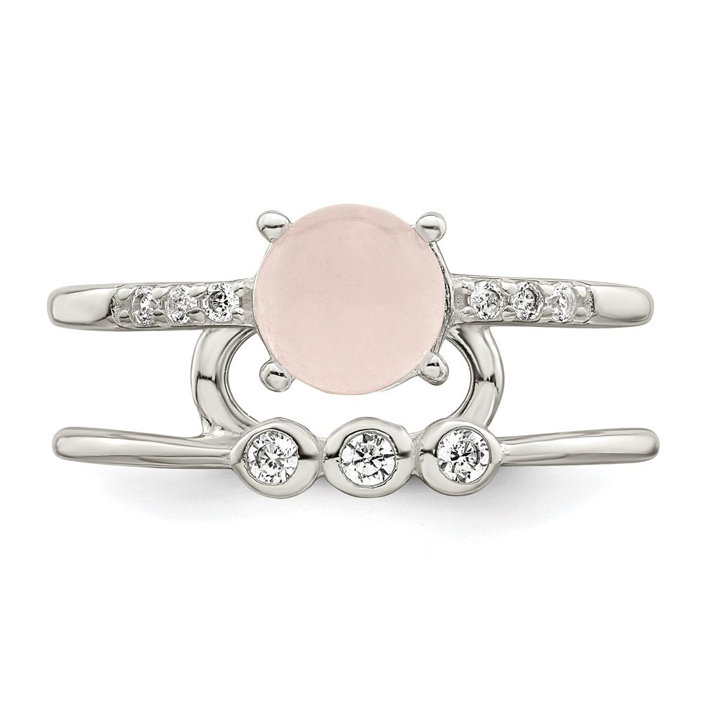 Sterling Silver Polished Cz And Pink Quartzite Double Ring