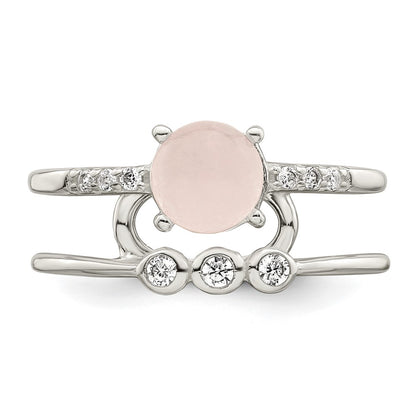 Sterling Silver Polished Cz And Pink Quartzite Double Ring