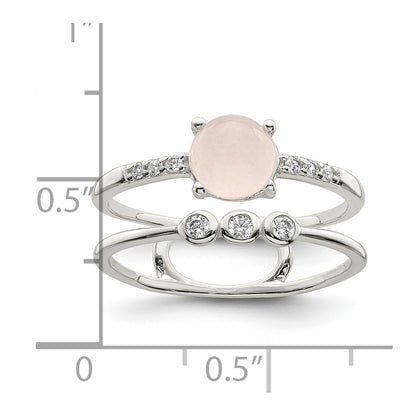 Sterling Silver Polished Cz And Pink Quartzite Double Ring