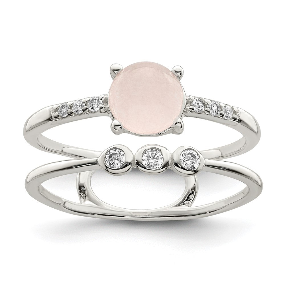 Sterling Silver Polished Cz And Pink Quartzite Double Ring