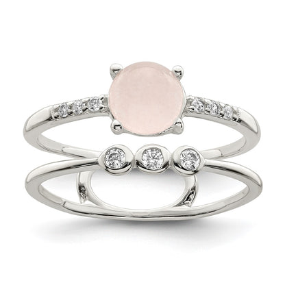 Sterling Silver Polished Cz And Pink Quartzite Double Ring