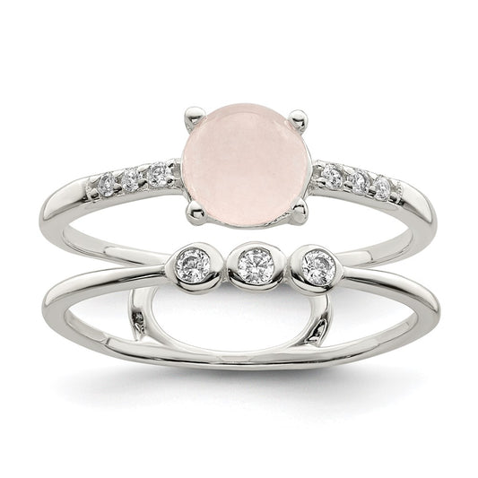 Sterling Silver Polished Cz And Pink Quartzite Double Ring