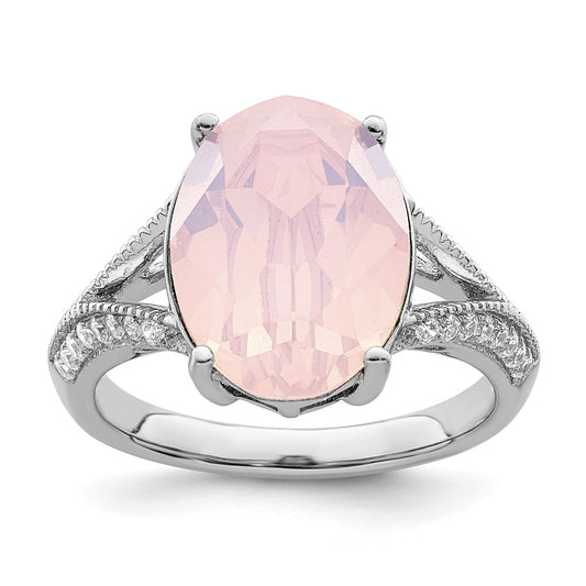 Sterling Silver Rhodium Plated Polished Cz & Pink Crystal Ring