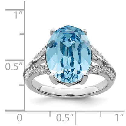 Sterling Silver Rhodium Plated Polished Cz And Blue Crystal Ring