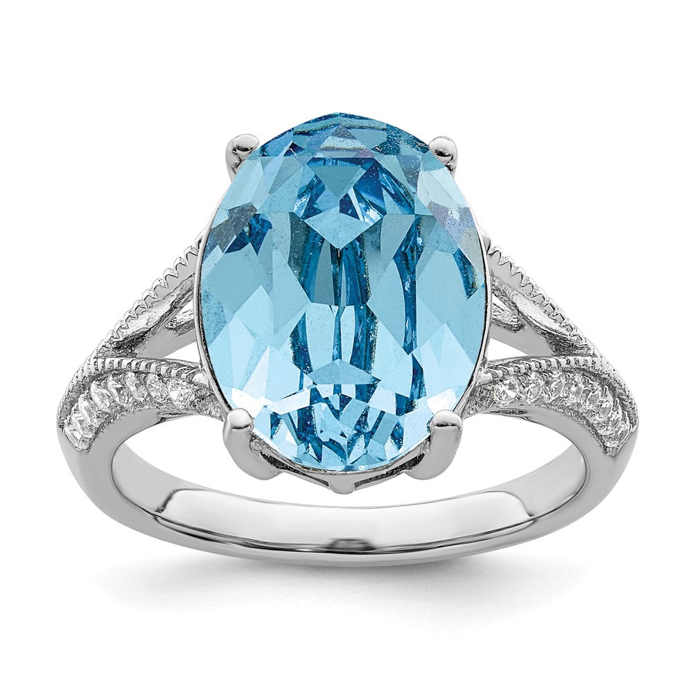 Sterling Silver Rhodium Plated Polished Cz And Blue Crystal Ring