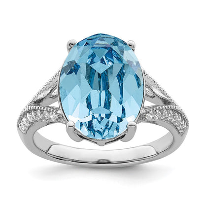 Sterling Silver Rhodium Plated Polished Cz And Blue Crystal Ring