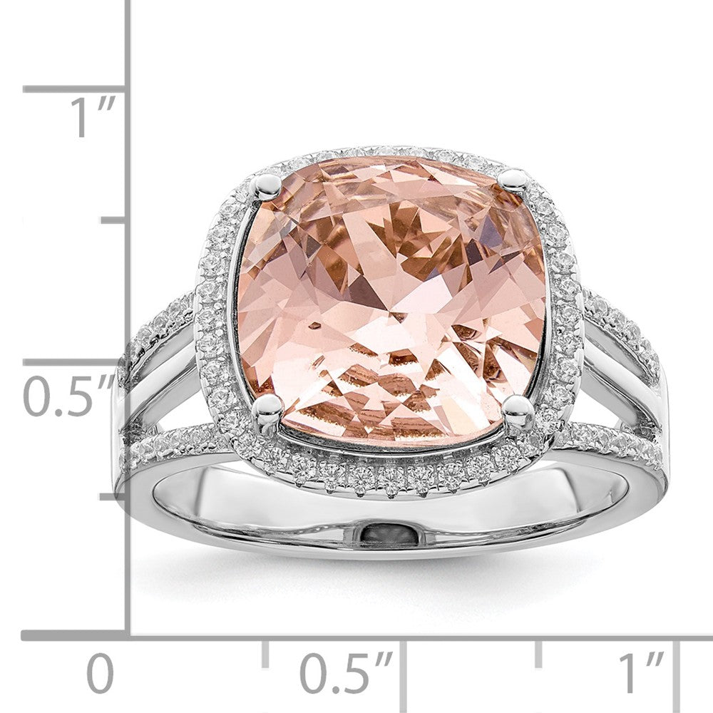 Sterling Silver Rhodium Plated Polished Cz & Peach Crystal Ring