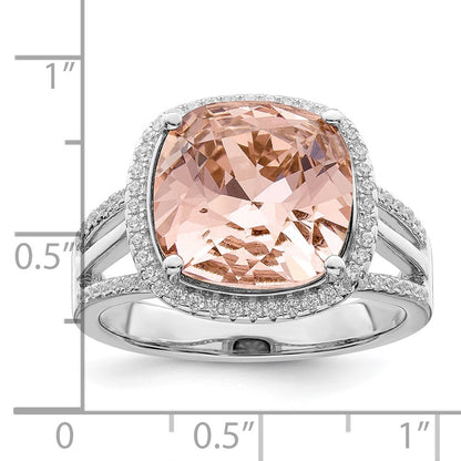 Sterling Silver Rhodium Plated Polished Cz & Peach Crystal Ring