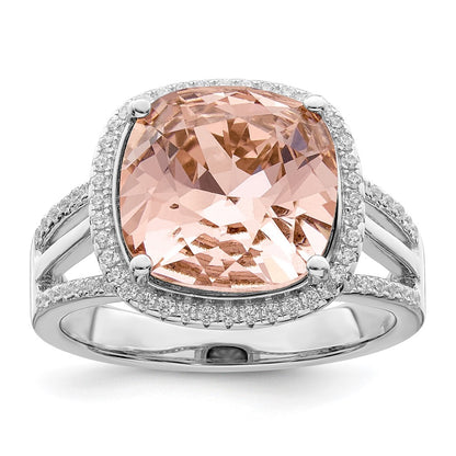 Sterling Silver Rhodium Plated Polished Cz & Peach Crystal Ring