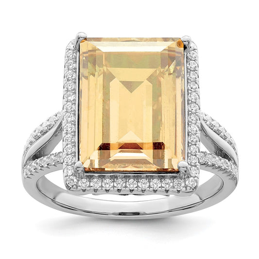 Sterling Silver Rhodium Plated Polished Cz & Yellow Crystal Ring